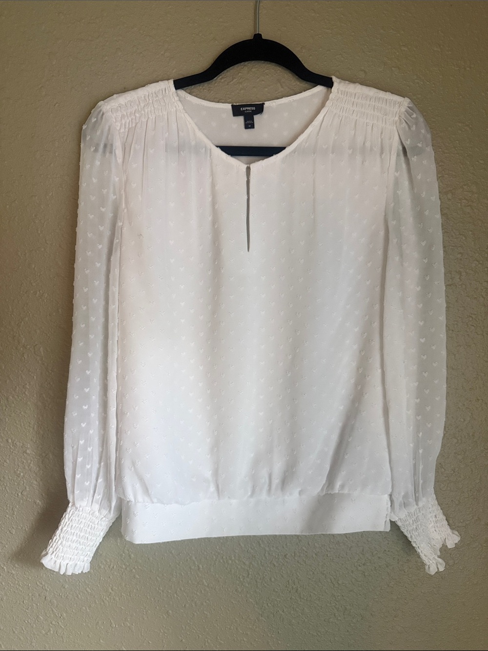 Express White Swiss Dot Long Sleeve Keyhole Blouse with Smocked Shoulders